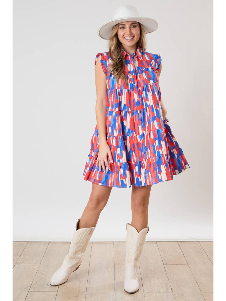 Brushed Prints Sleeveless Button Down Dress