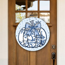Load image into Gallery viewer, Blue Willow Lace Bow Pumpkin Door Hanger