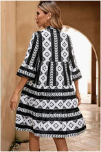Load image into Gallery viewer, Abstract Print Bell Sleeve V Neck Boho Dress