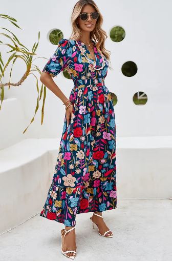 Green Retro Floral Printed Split Neck Maxi Dress – Cole and Co
