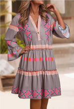 Load image into Gallery viewer, Taupe Aztec Print Button Ruffle Dress