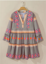 Load image into Gallery viewer, Taupe Aztec Print Button Ruffle Dress