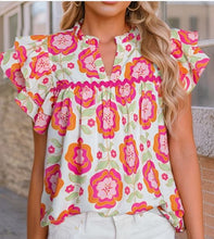 Load image into Gallery viewer, Boho Floral Print Ricrac Ruffle Sleeve Blouse