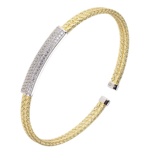 18K Yellow Gold and Rhodium Bar CZ Cuff Bracelet