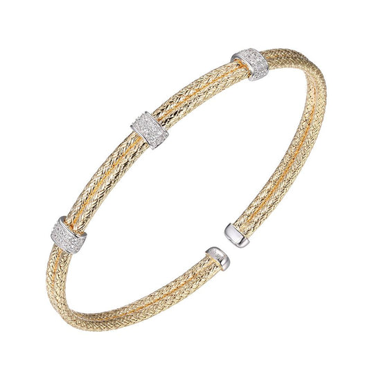 18K Yellow Gold and Rhodium 3 Station Double Mesh 2mm Cuff Bracelet