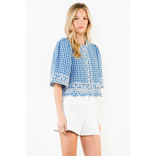 Load image into Gallery viewer, Short Sleeve Gingham Embroidery Detail Top