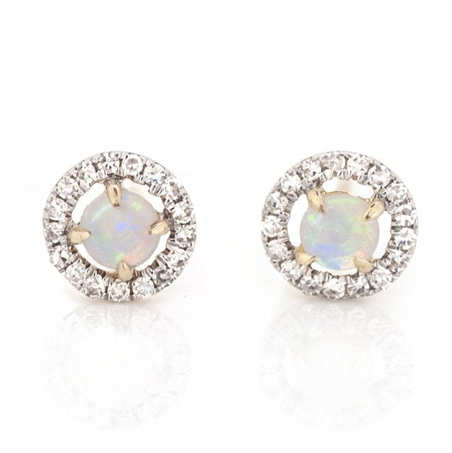 14K Yellow Gold Orbit Halo Opal Stud Earrings