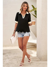 Load image into Gallery viewer, Color Contrast Collared V Neck Puff Sleeve Blouse