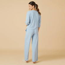 Load image into Gallery viewer, Heather Sky Blue Terry Cropped Sleeve Crew Neck with Wide Leg Plant