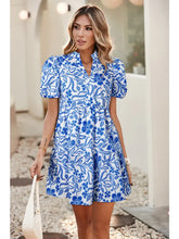 Load image into Gallery viewer, Flower Print Puff Sleeve Blue Tiered Dress