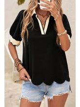 Load image into Gallery viewer, Color Contrast Collared V Neck Puff Sleeve Blouse