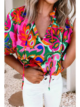 Load image into Gallery viewer, Summer Plant Print Lace-Up V-Neck Blouse