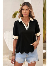 Load image into Gallery viewer, Color Contrast Collared V Neck Puff Sleeve Blouse