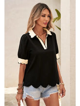 Load image into Gallery viewer, Color Contrast Collared V Neck Puff Sleeve Blouse
