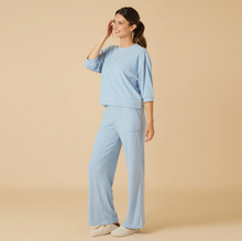 Load image into Gallery viewer, Heather Sky Blue Terry Cropped Sleeve Crew Neck with Wide Leg Plant