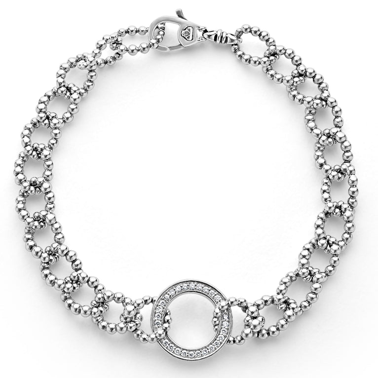 SS Caviar Spark Diamond Pave Circle 15mm Beaded Link Bracelet