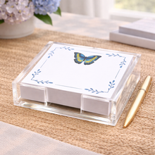 Load image into Gallery viewer, Acrylic Holder &amp; Notepad, Butterfly Blues - 5x5 Inch
