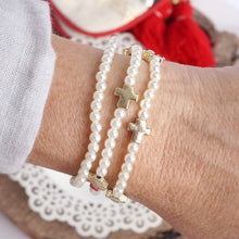 Load image into Gallery viewer, Mini Sideways Cross Bracelet stack with Gold Metal and Pearl Beads
