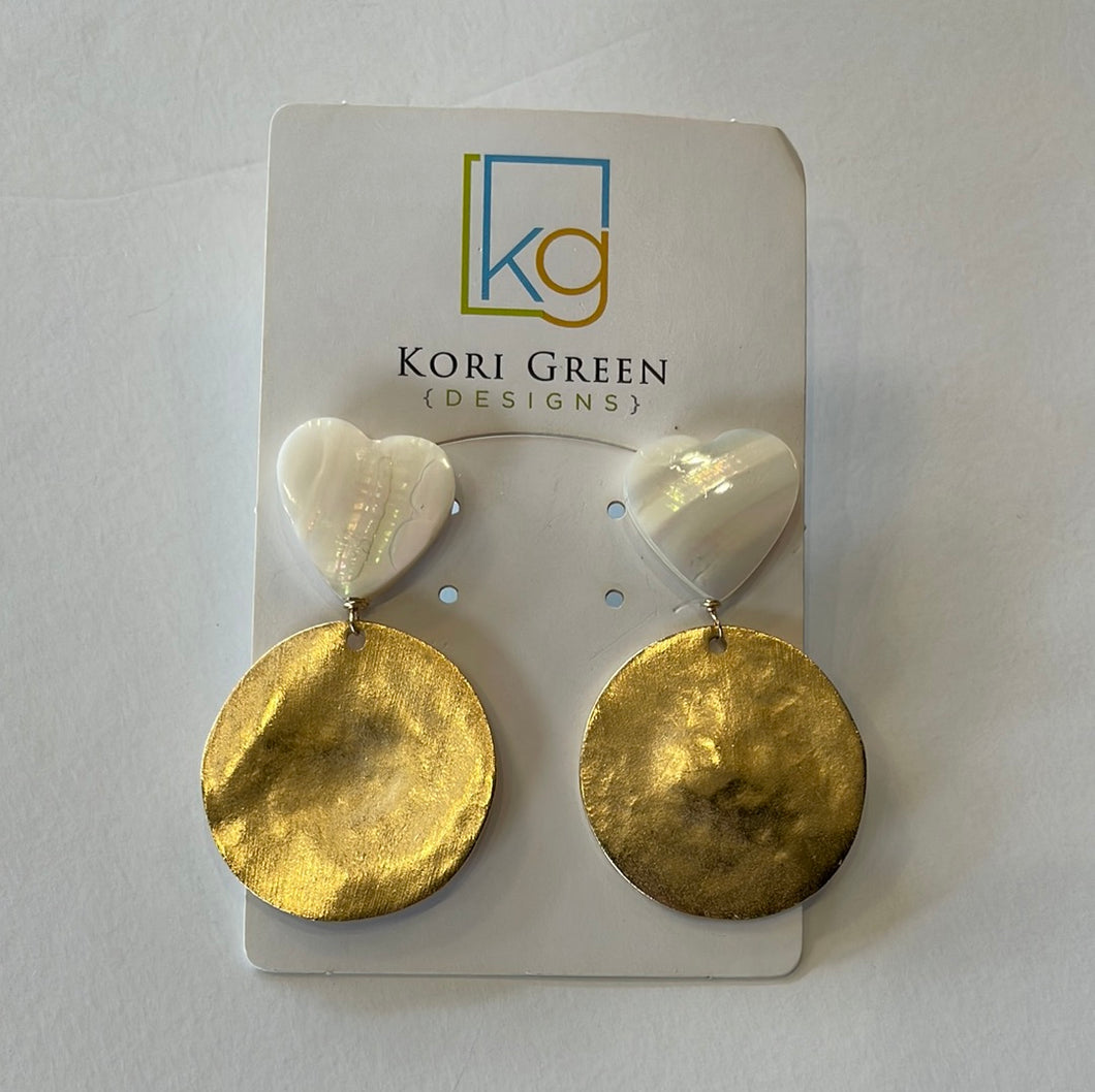 Mother of Pearl Heart Post with Round Gold Disc Drop Earring