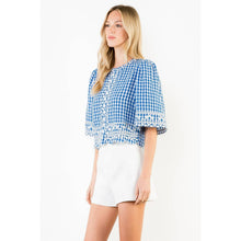 Load image into Gallery viewer, Short Sleeve Gingham Embroidery Detail Top
