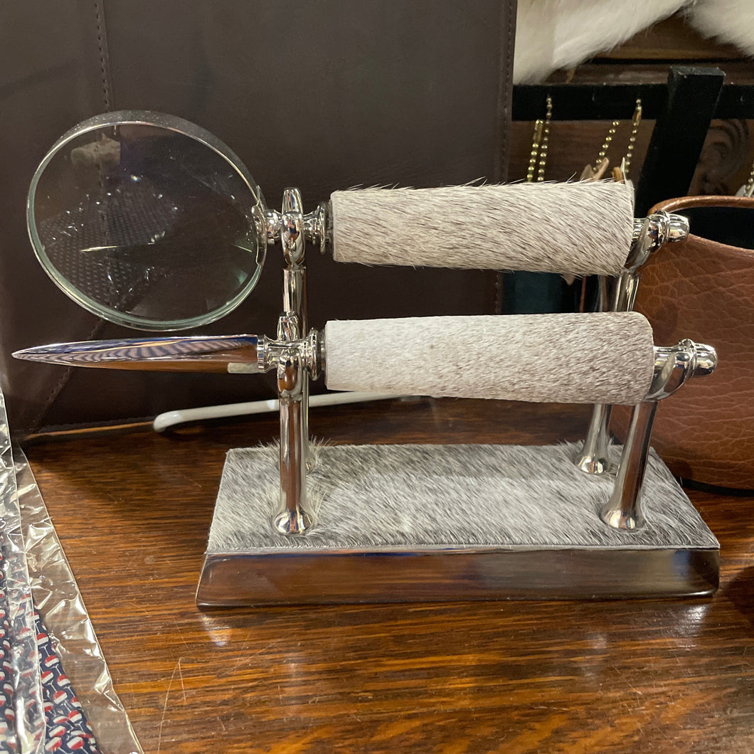 Gray Hide Magnifying Glass & Letter Opener On Stand