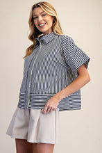 Load image into Gallery viewer, Neck Band Short Sleeve Button Down Navy and White Stripe Top
