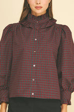 Load image into Gallery viewer, Pinch Deep Red Plaid Ruffled High Mock Neck Shirt
