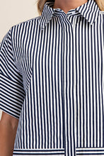 Load image into Gallery viewer, Neck Band Short Sleeve Button Down Navy and White Stripe Top
