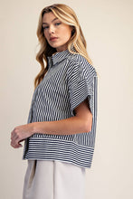 Load image into Gallery viewer, Neck Band Short Sleeve Button Down Navy and White Stripe Top
