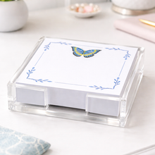 Load image into Gallery viewer, Acrylic Holder &amp; Notepad, Butterfly Blues - 5x5 Inch
