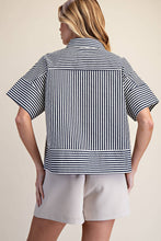 Load image into Gallery viewer, Neck Band Short Sleeve Button Down Navy and White Stripe Top
