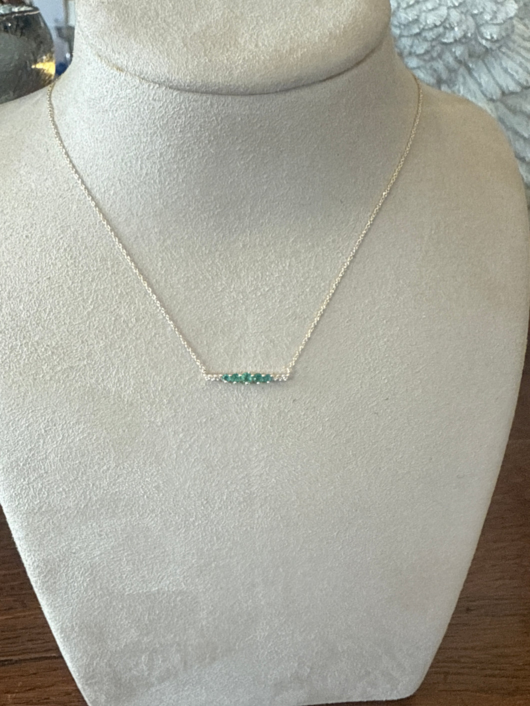 14K Yellow Gold Emerald & Diamond Bar Necklace