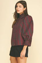 Load image into Gallery viewer, Pinch Deep Red Plaid Ruffled High Mock Neck Shirt
