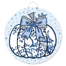 Load image into Gallery viewer, Blue Willow Lace Bow Pumpkin Door Hanger
