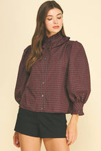 Load image into Gallery viewer, Pinch Deep Red Plaid Ruffled High Mock Neck Shirt
