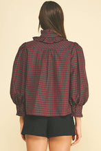 Load image into Gallery viewer, Pinch Deep Red Plaid Ruffled High Mock Neck Shirt
