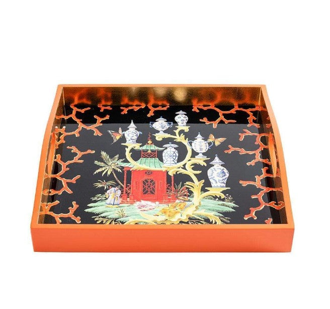 Rococo Fantasy Lacquer Square Tray in Black