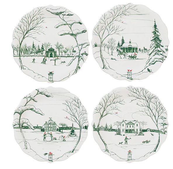 Country Estate Winter Frolic Party Plate Evergreen Assorted Set/4