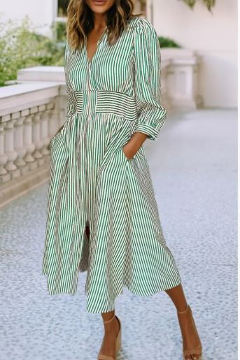 Stripe V Neck Zip Front Cinched High Waist Midi