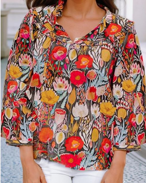 Floral 3/4 Puff Sleeve Tied Neck Blouse