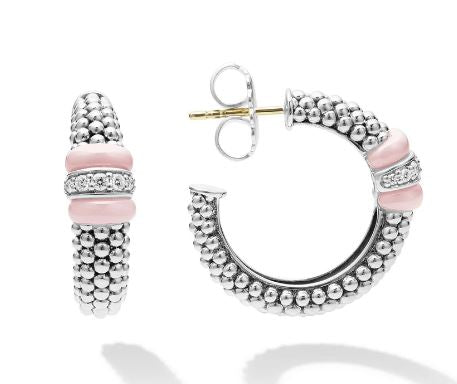 SS Pink Caviar Diamond Hoop Earrings