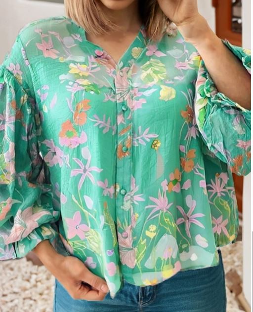 Floral Lantern Sleeve Button Front Shirt