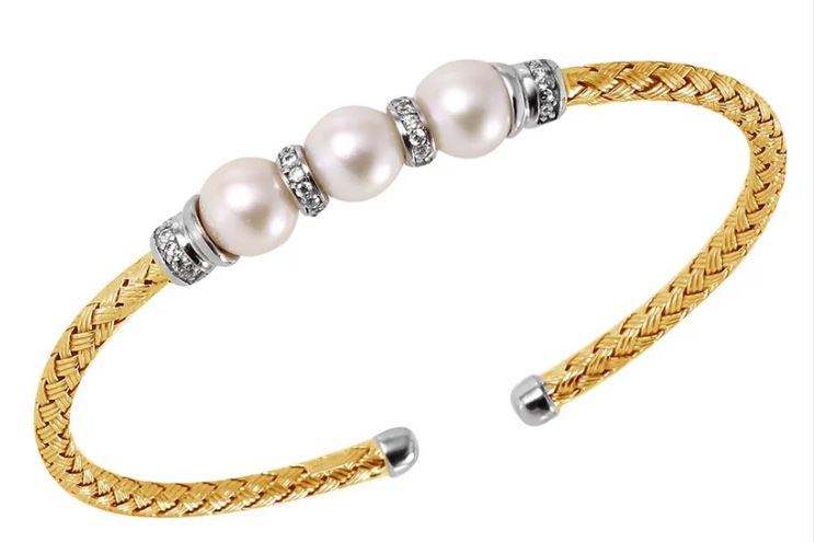 SS 3MM Mesh Cuff With Freshwater Pearl & CZ, 2 Tone 18K YG and Rhodium Finish