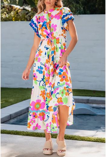 Ricrac Trim Flutter Sleeve Buttoned Floral Maxi