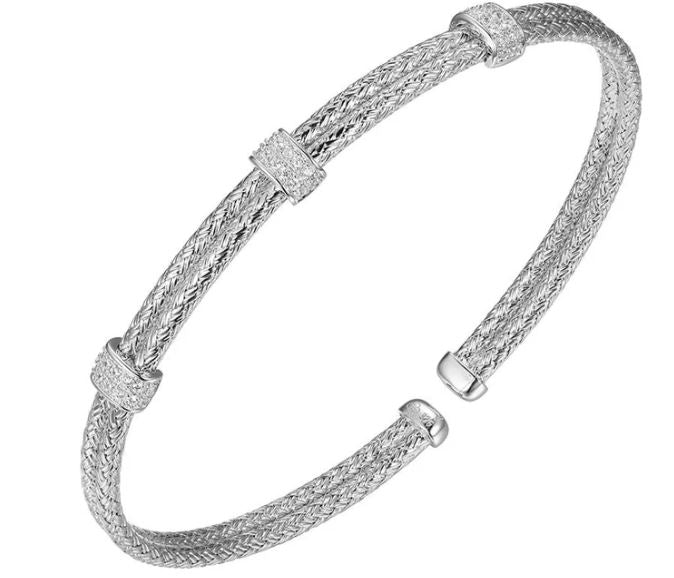Sterling Silver Double 2mm Mesh Cuff W/CZ