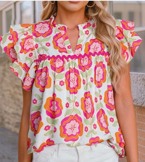 Boho Floral Print Ricrac Ruffle Sleeve Blouse
