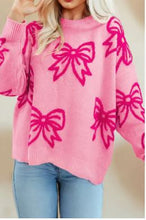 Load image into Gallery viewer, Bow Pattern Drop Sleeve Loose Sweater Pink
