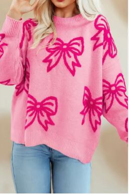 Bow Pattern Drop Sleeve Loose Sweater Pink