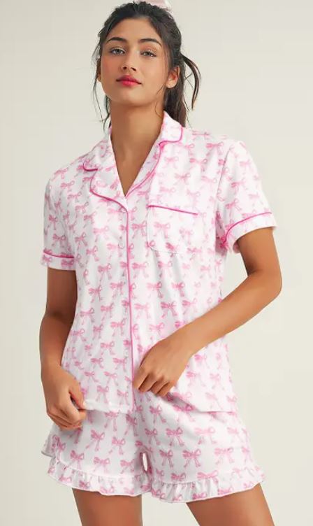 Bowknot Short Sleeve & Ruffled Shorts Pajama Set