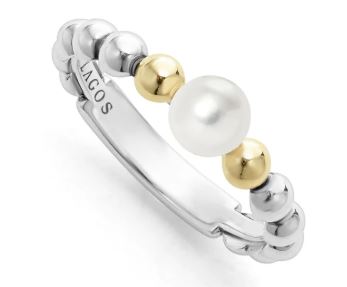 SS 18k Luna 5mm Pearl 4mm Stack-stack ring : 6